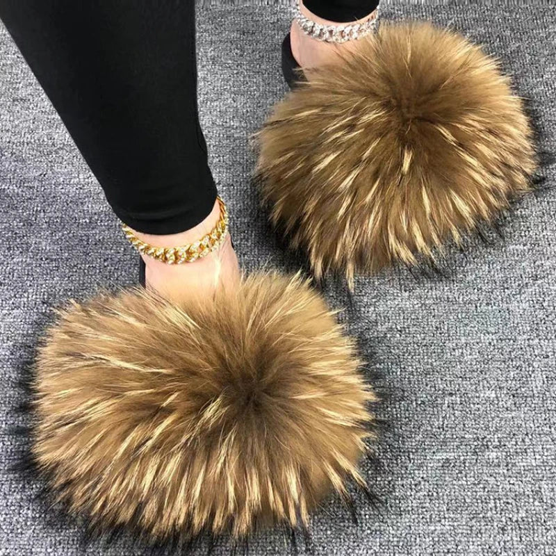 Fur Slippers Summer Women Real Fox Fur Slides Home Furry Flat Sandals Non-Slip Fluffy Flip Flops Ladies Woman Cute Plush Shoes